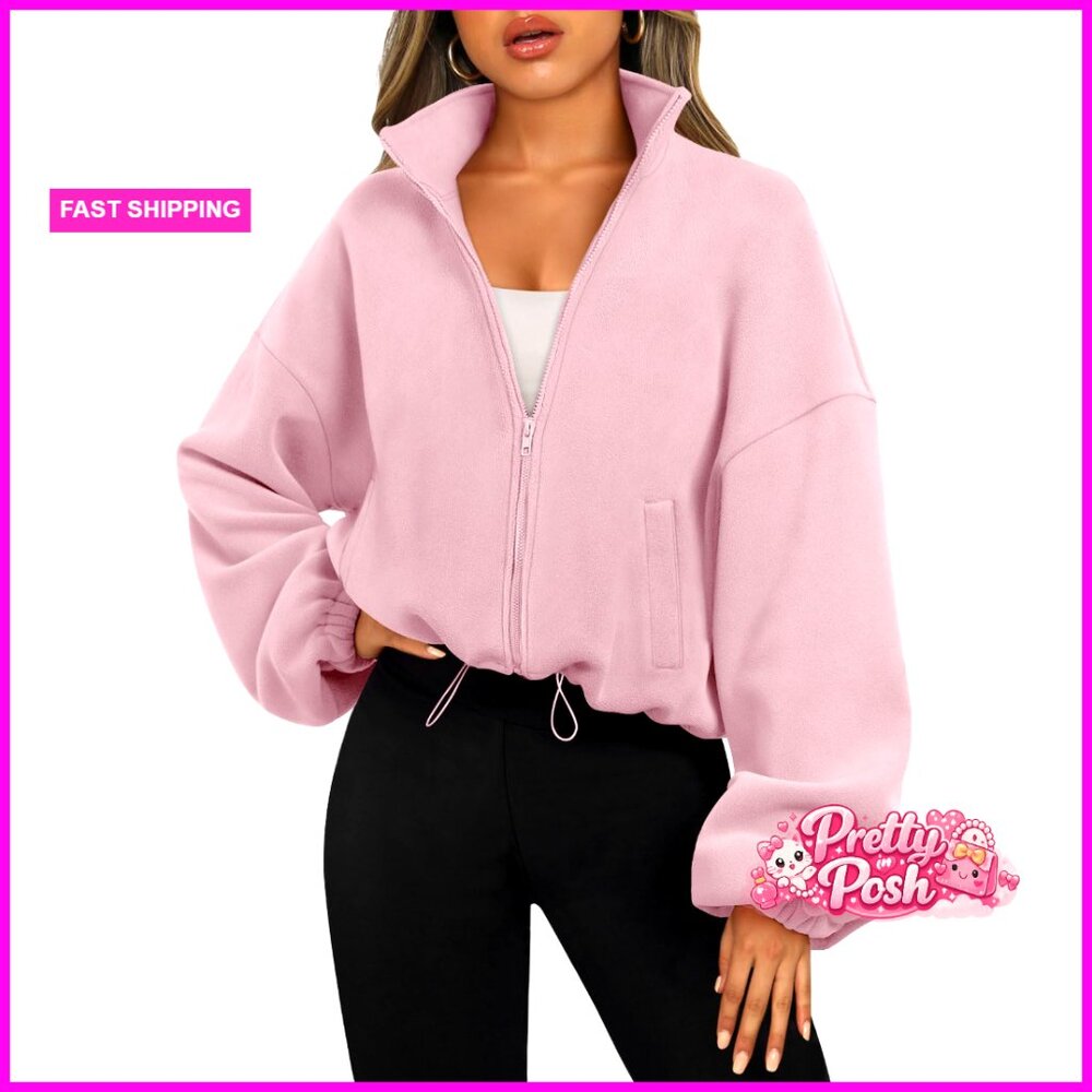 Oversized Fleece Jacket Full Zip Cropped Sherpa Sweatshirt Winter